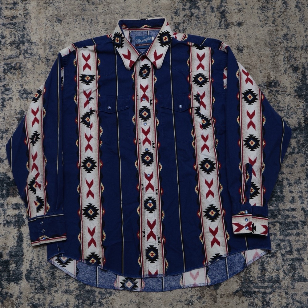VTG 90s Wrangler Brushpopper Western Aztec Pearl Snap Shirt Men XXL Southwestern